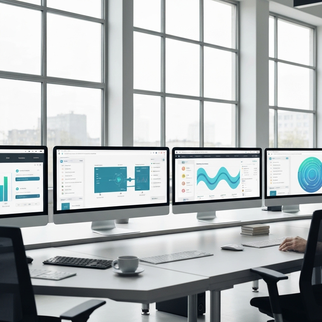 Moderne kontor med flere skærme til systemintegration og automatisering - MF Consult Danmark
